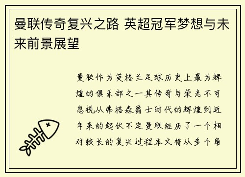曼联传奇复兴之路 英超冠军梦想与未来前景展望