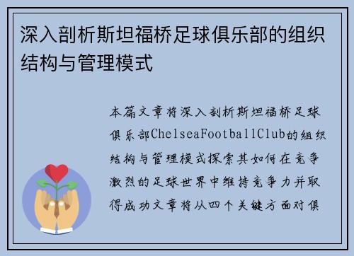 深入剖析斯坦福桥足球俱乐部的组织结构与管理模式